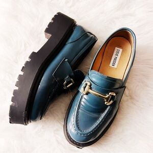 Steve Madden Chunky Platform Teal Loafers with Brass Horsebit Detail